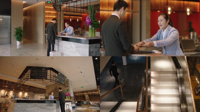 商务精英酒店前台办理入住走进房间