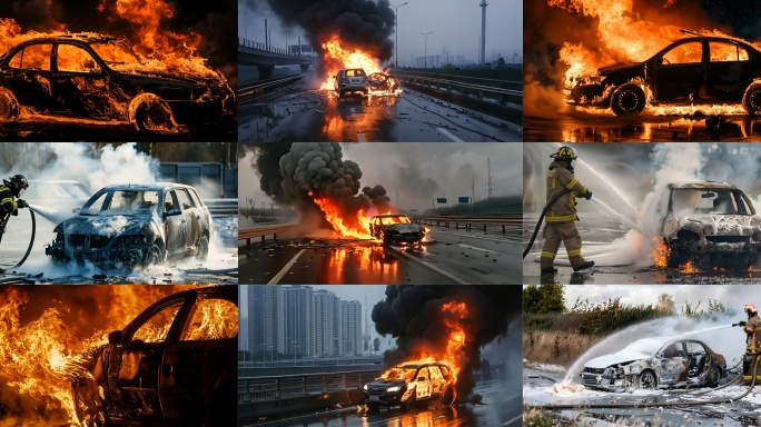 汽车自燃 火灾 消防员灭火 着火