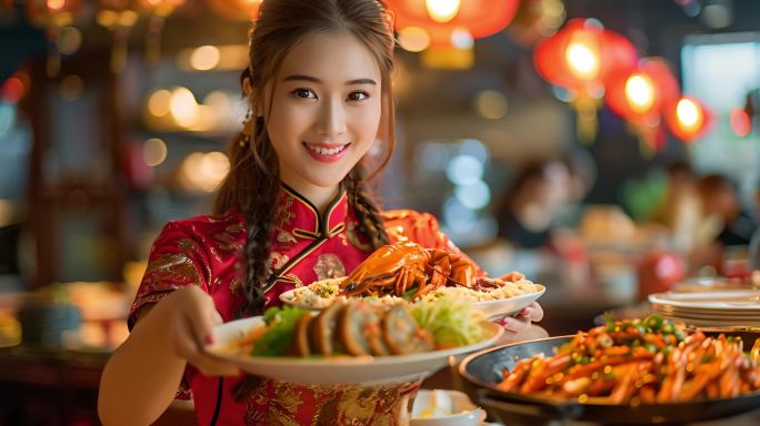 【4k】高端服务人员笑脸微笑上菜中国风
