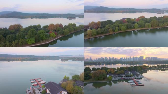 秋天清晨苏州石湖与天镜阁天空之镜风景航拍