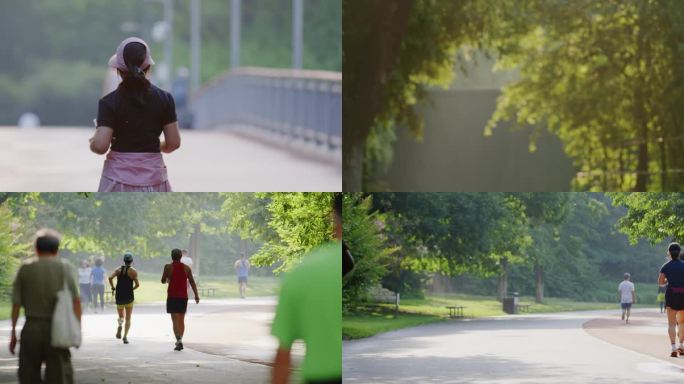 全民健身晨跑跑步城市惬意活力清晨户外锻炼