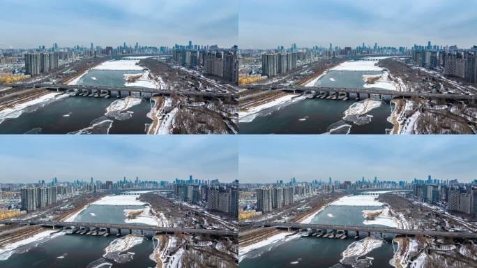 中国辽宁沈阳浑河胜利桥航拍冬季城市