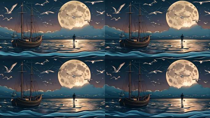 圆月下的小帆船出海卡通动画