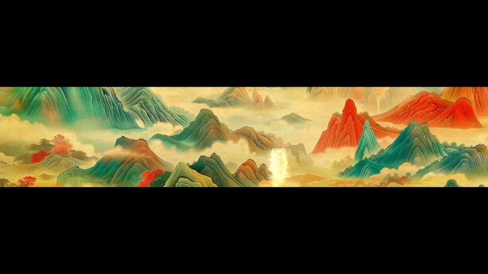 8K长幅山水画卷中国水墨国画背景无缝循环