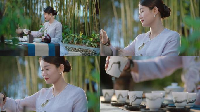 茶艺师竹林展示茶艺国风茶艺倒茶