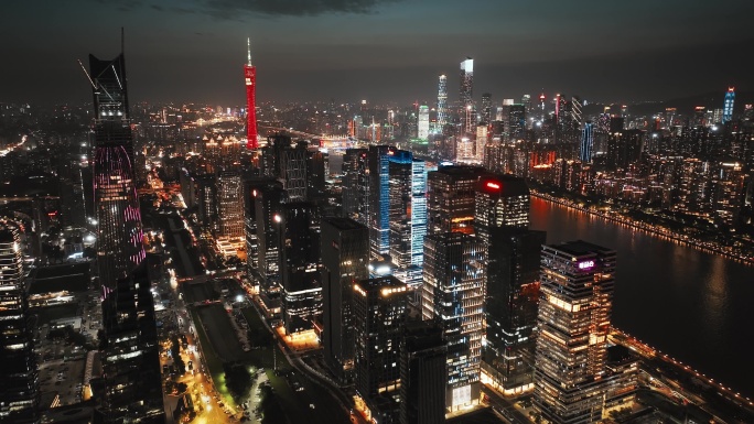 广州琶洲新CBD珠江沿岸夜景航拍4K视频