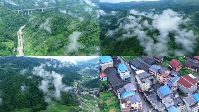 航拍雨后大山里的村庄