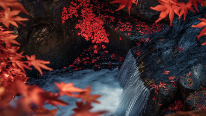 瀑布秋天美景 红叶 森林 流水