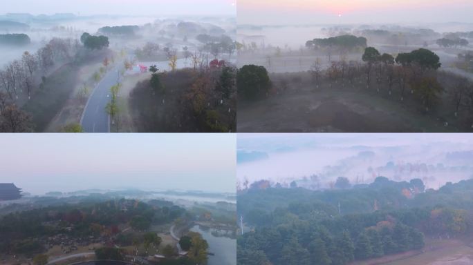 苏州工业园区阳澄湖半岛秋天晨雾水墨画风景