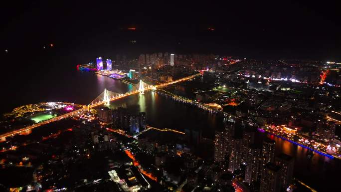 海口夜景航拍 世纪大桥-海甸岛 入海口