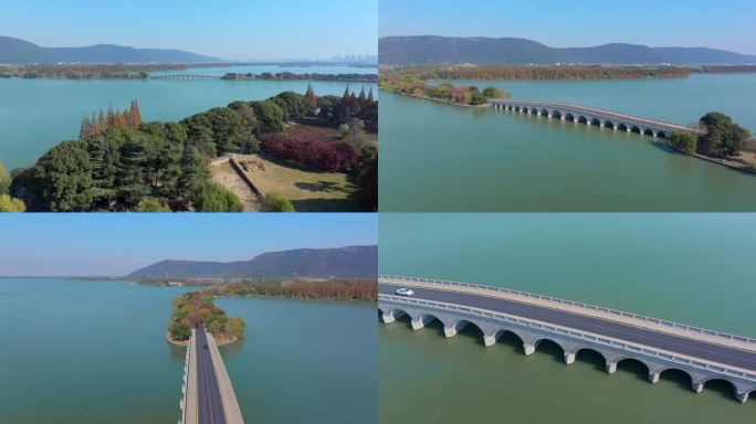 秋天苏州常熟尚湖风景区自然风景与道路航拍