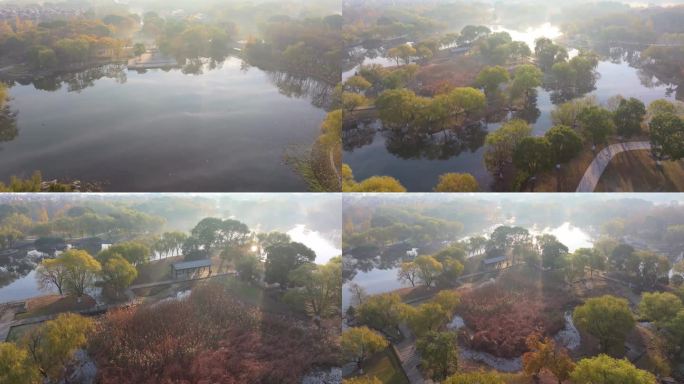 苏州工业园区阳澄湖半岛秋天晨雾水墨画风景