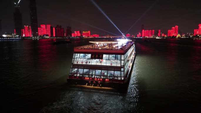武汉长江夜游古琴号游轮城市夜景航拍