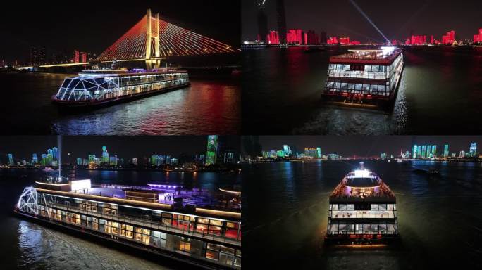 武汉长江夜游古琴号游轮城市夜景航拍