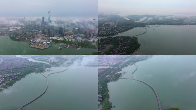 夏天苏州梅雨季节金鸡湖雨后城市风景航拍