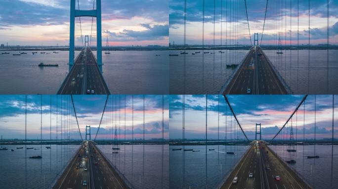 广东广州与东莞交界的南沙大桥日落航拍景观