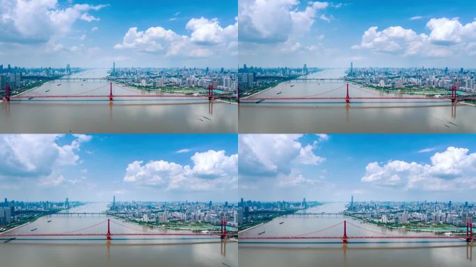 4K武汉鹦鹉洲长江大桥蓝天白云航拍延时