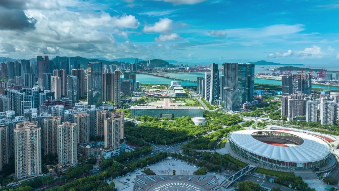 4K航拍深圳宝安区蓝天白云延时1