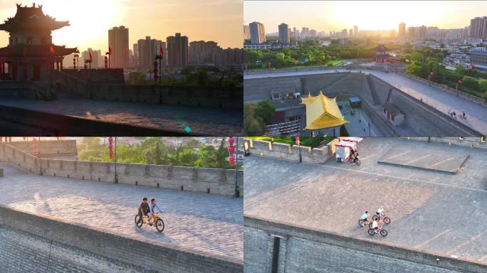 航拍陕西西安城墙夕阳骑自行车
