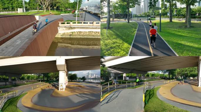 清晨江边锻炼（骑行、跑步和散步）的市民