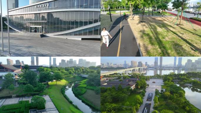 航拍广州琶洲岛珠江沿岸的日出清晨