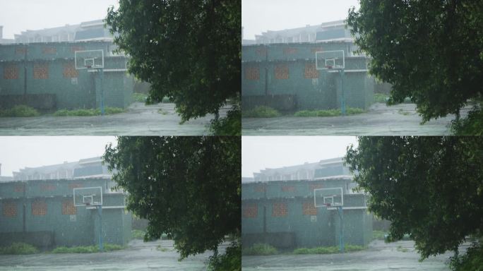 雨天的校园一角 篮球架 年代感 下雨天