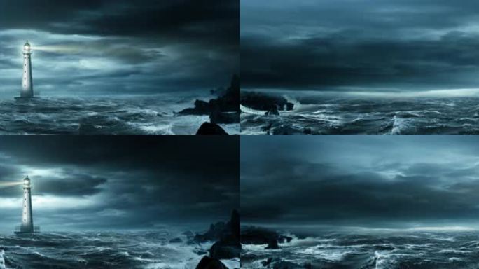 【8k】海上灯塔 礁石 海浪 乌云