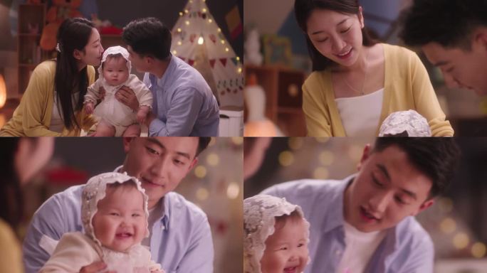 爸爸妈妈陪伴婴儿宝宝一家人幸福生活