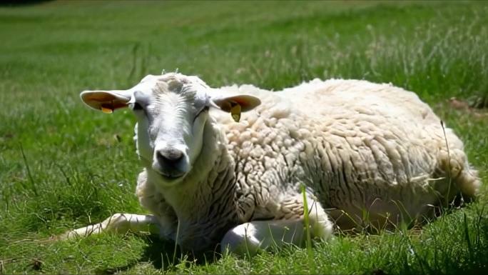 白色的绵羊悠闲地躺在草地上
