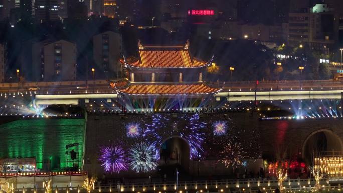 夜晚苏州姑苏相门城墙仁恒仓街城市夜景航拍