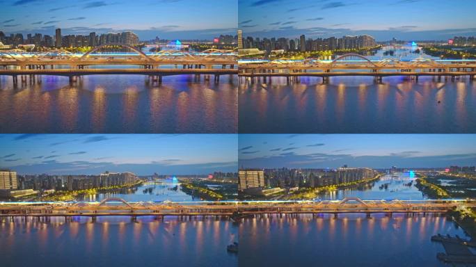 航拍浐灞公路桥地铁夜景