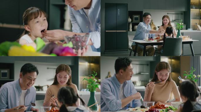 做饭妈妈一家人吃饭欢声笑语