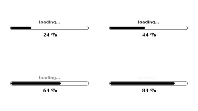 进度条加载。进度条加载屏幕游戏风格的进度动画。黑色背景上的状态栏。经营酒吧柜台。白色背景。