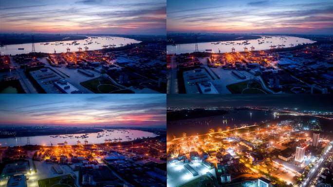 暮色下繁忙武汉阳逻港4k航拍延时