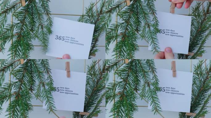 梦想板与信息365新的日子机会机会与冷杉枝。新年快乐决议概念。可视化创建愿景板。成就