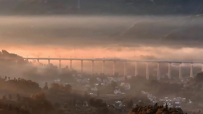 航拍雅安高铁动车穿越名山大地指纹晨曦风光