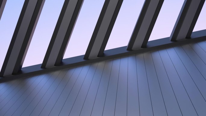 建筑，现代建筑在晚上有开放的屋顶，天花板。透明天花板，建筑设计，简约，动画。三维渲染