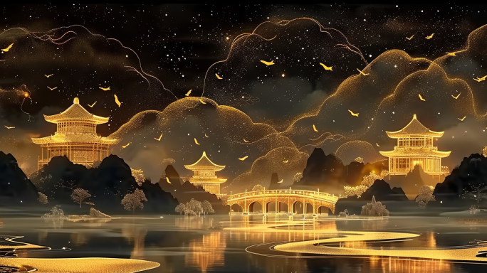 金色国风山水建筑意境背景