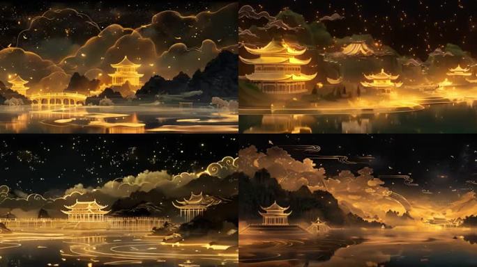 金色国风山水建筑意境背景