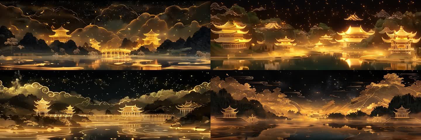 金色国风山水建筑意境背景