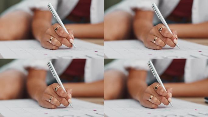 人，手和日历书写计划与笔的笔记本或纸张，承诺或组织。手指，标记和日常任务日程提醒或月日期，时间表或伦