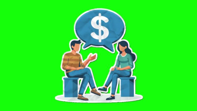两个人在讨论财务问题。纸折绿屏动画。金融视频色度键