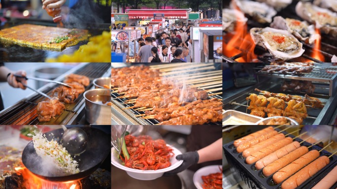 美食小吃、夜市摆摊、夜宵食街、烟火气