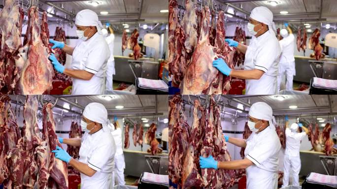 在屠宰场分拣肉类的拉丁美洲屠夫
