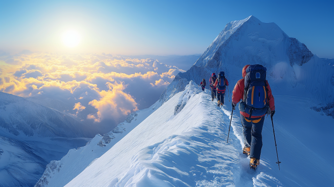 雪山攀登团队协作徒步 登山冰河航拍