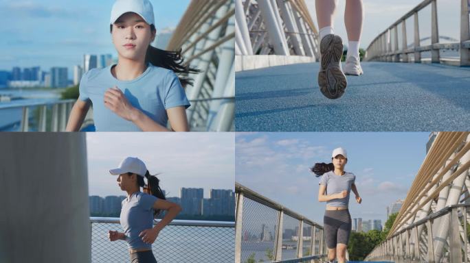 年轻美女跑步青春活力美女跑步城市江边运动