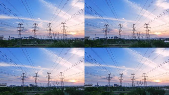 夕阳下的高压电线铁塔航拍