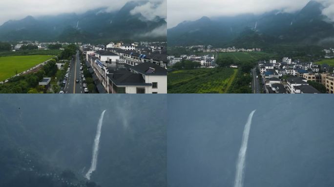 庐山秀峰瀑布雾气云雾航拍雨中瀑布