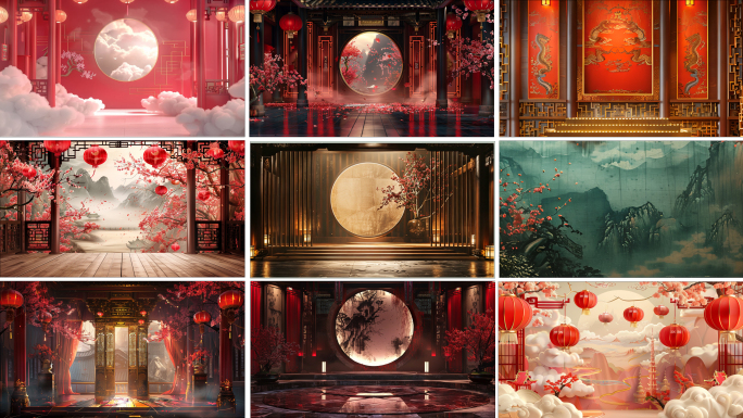 中式建筑屏风门窗红杏舞台