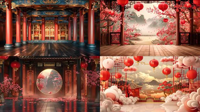 中式建筑屏风门窗红杏舞台